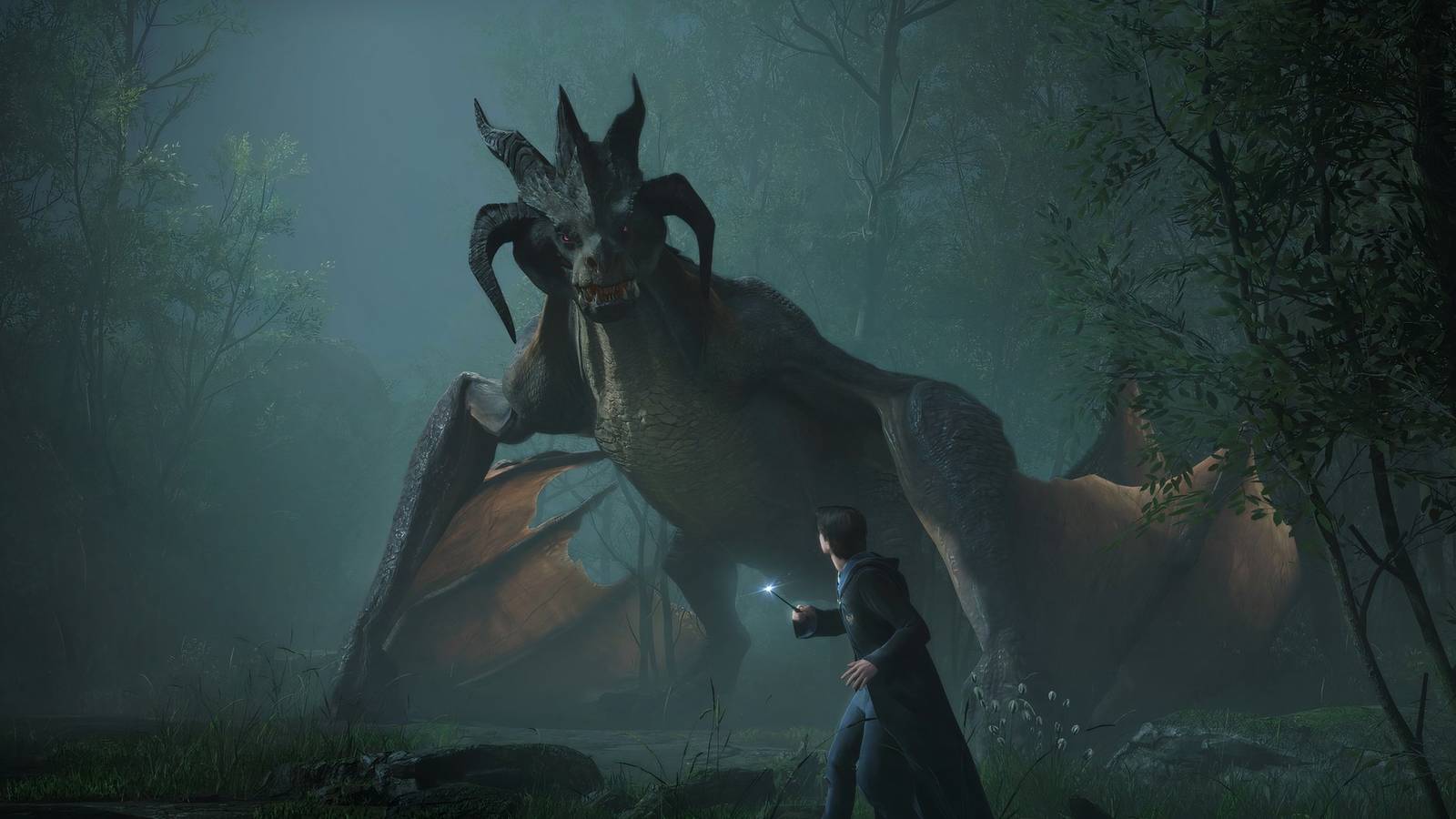 Escena de combate en Hogwarts Legacy contra un dragón