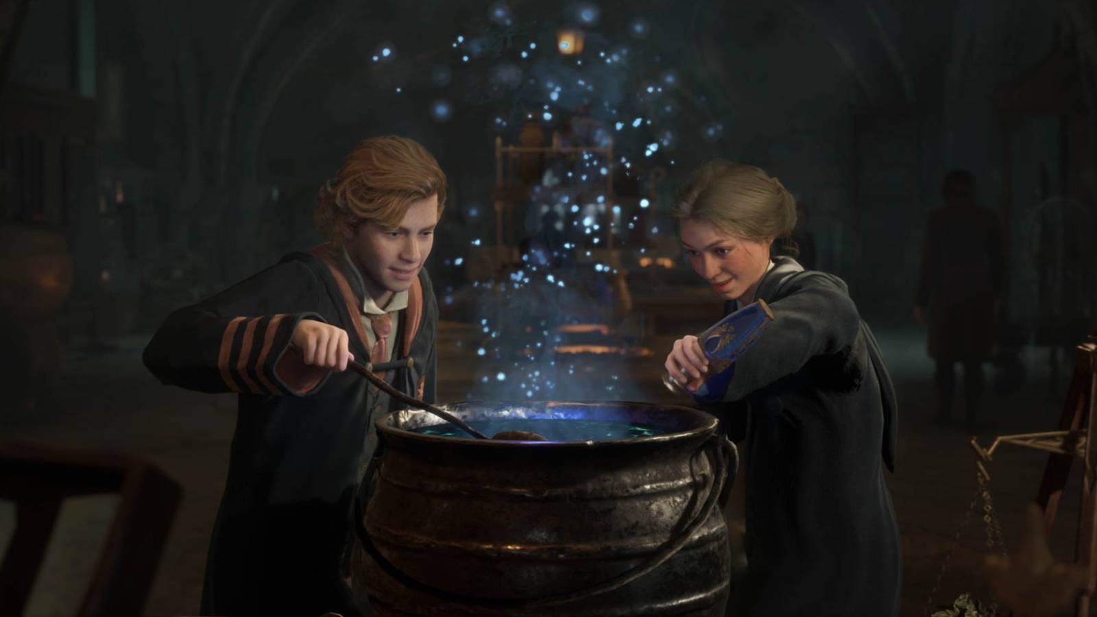 Estudiantes en Hogwarts Legacy 2 preparando una poción