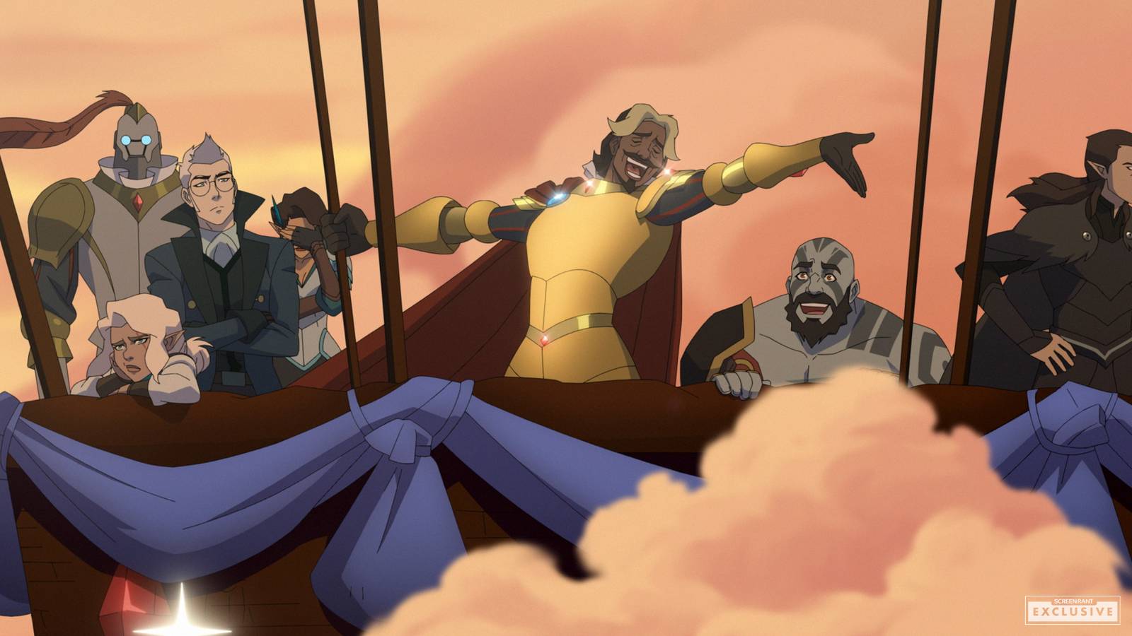 Tary cantando mientras el grupo luce avergonzado en La Leyenda de Vox Machina temporada 4