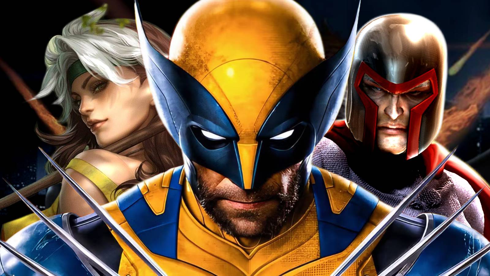 Wolverine mostrando sus garras entre Rogue y Magneto en arte de X-Men