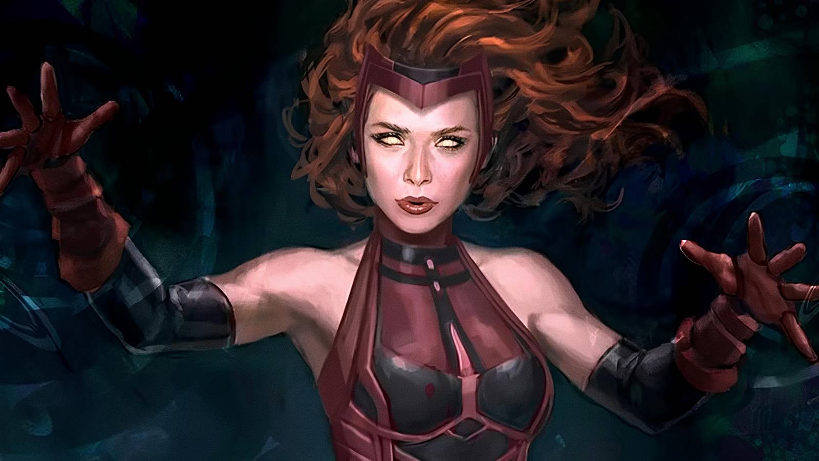 Scarlet Witch usando sus poderes en concepto oficial MCU Avengers