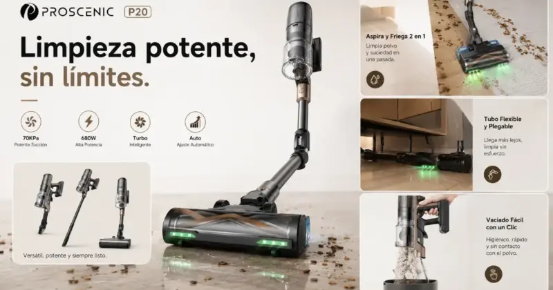 Proscenic P20+: Aspiradora sin cable potente con fregado, 70 kPa y 70 minutos de autonomía por 149,99 €