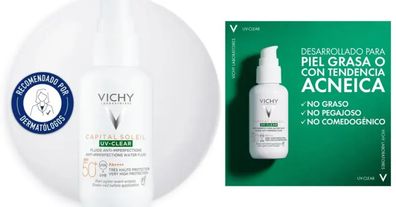 Fluido fotoprotector Vichy Capital Soleil UV Clear SPF50+ con un 60% de descuento, ideal para piel grasa y con tendencia acnéica