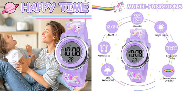 Reloj digital infantil Vicloon con unicornios y luz LED por menos de 9€
