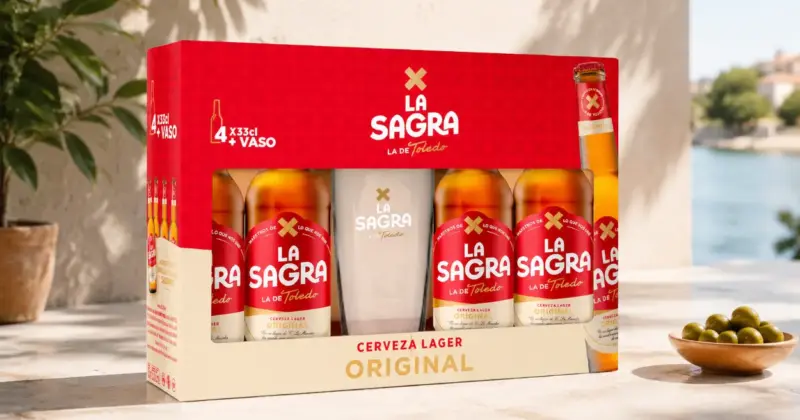 Pack de 4 cervezas La Sagra Lager 330 ml con vaso de ½ pinta por 4,79 € con 25% de descuento en Amazon