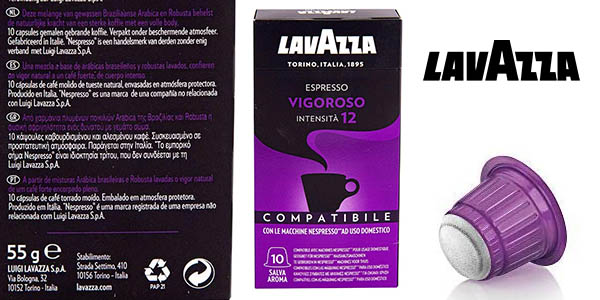 Pack de 100 cápsulas Lavazza Vigoroso compatibles con Nespresso a solo 21,60 € con un 25% de descuento