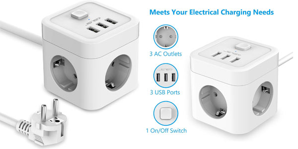 Enchufe múltiple JSVER Cube con 3 USB y 3 tomas a solo 13,59 €: compacto, seguro y con gran descuento