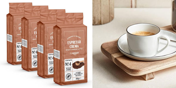 Pack de 4 paquetes de Café molido Natural Espresso Crema by Amazon a solo 9,90 € con sabor equilibrado y cuerpo intenso