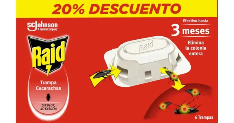Pack de 6 trampas anticucarachas Raid con cobertura prolongada y 30% de descuento