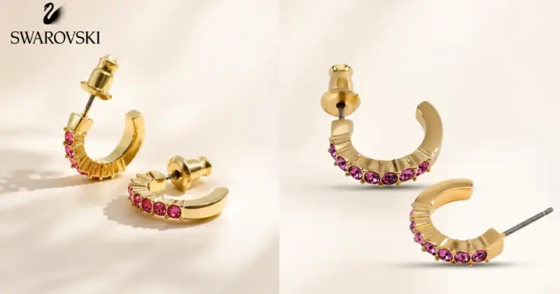 Pendientes Swarovski Mini Hoop con cristales rosas y baño dorado: elegancia compacta con un 39% de descuento