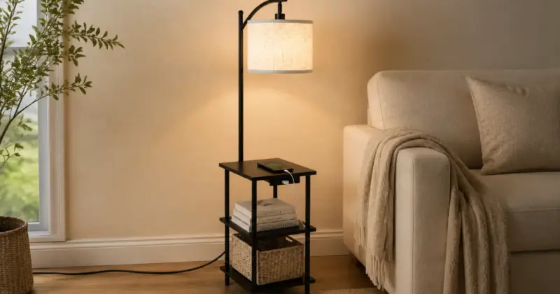 Lámpara de pie vintage LuminexDesigns: iluminación, almacenamiento y carga USB al 47% de descuento por solo 39,08 €