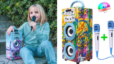 Máquina de Karaoke Portátil DYNASONIC con 2 Micrófonos y 20% de Descuento en Amazon