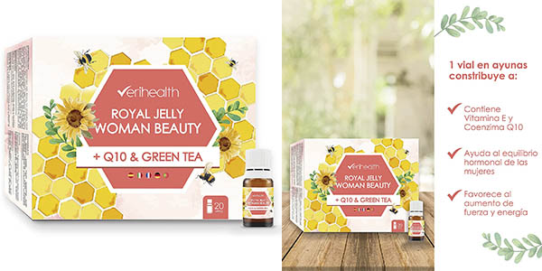 Caja de 20 viales de jalea real Verihealth con vitamina E, Q10 y té verde: aporte extra de energía al 41% de descuento por solo 10,04 €