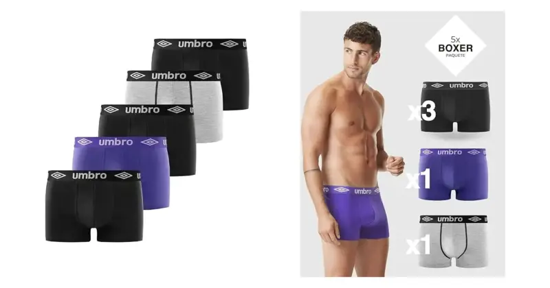 Pack x5 Bóxers Umbro para hombre: comodidad y sujección desde 13,93 € con 60% de descuento