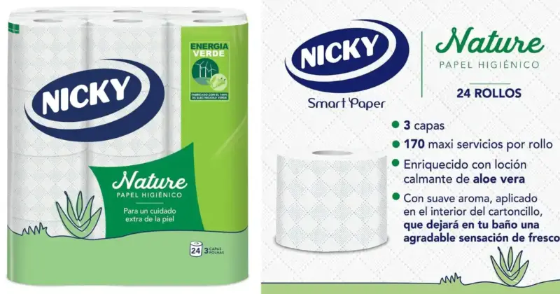 Pack 24 rollos papel higiénico Nicky Nature suave con aloe vera a solo 10,39 € con un 26% de descuento