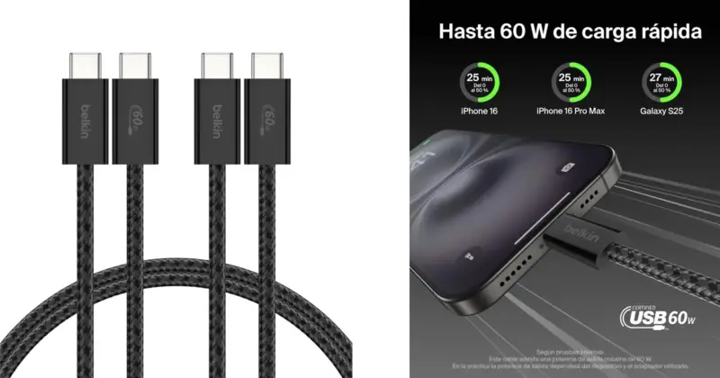 2 Cables USB-C Belkin trenzados de 1,5 m con carga rápida 60W por 8,99€: calidad y versatilidad en pack