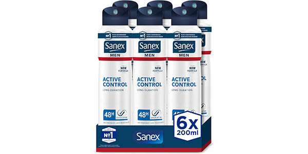 Pack de 6 desodorantes Sanex Men Active Control 200 ml con protección 48h y un 25% de descuento