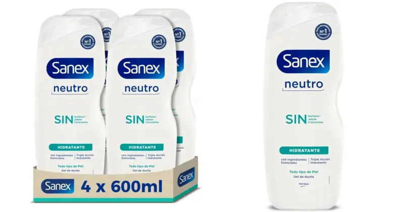 Chollo Pack x4 gel de ducha Sanex Neutro Hidratante 600 ml con 30% de descuento: piel cuidada y protegida por solo 10,16 €