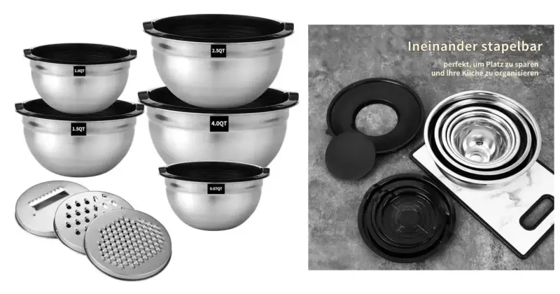 Juego completo de 5 cuencos mezcladores de acero inoxidable con tapas y accesorios por solo 19,54 €
