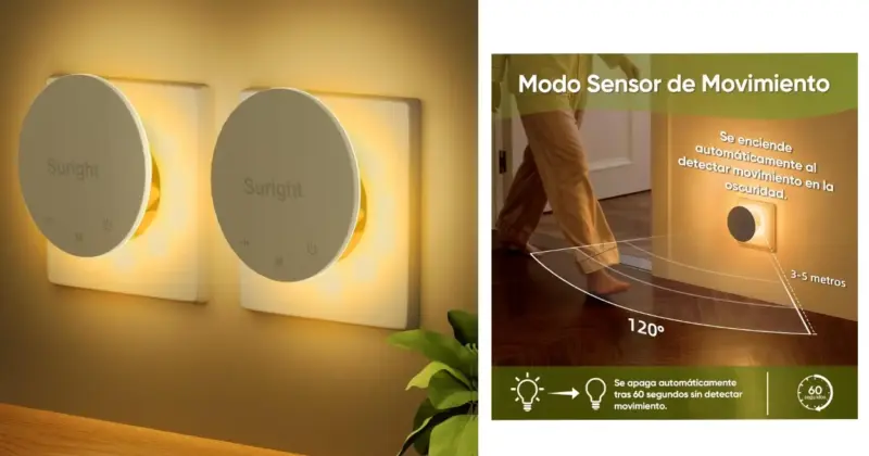 Pack de 2 luces nocturnas Suright con sensor de movimiento por menos de 12€: iluminación práctica y automática para tu hogar