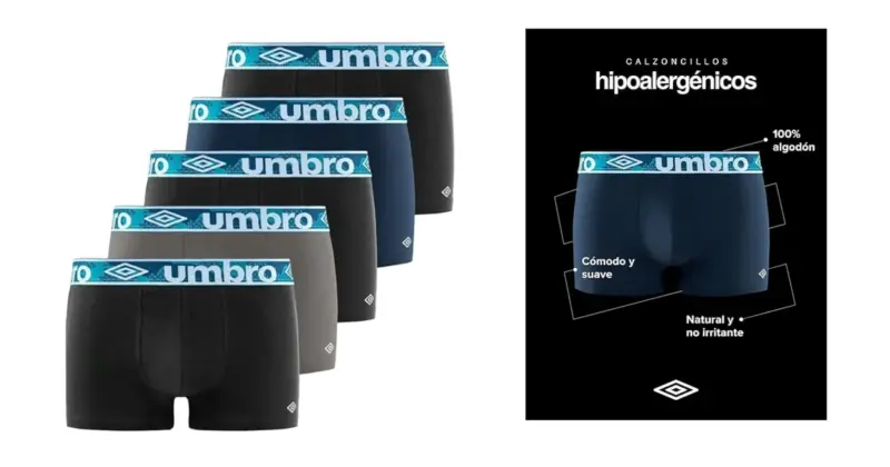 Pack de 5 calzoncillos boxer Umbro 100% algodón: confort diario con un 28% de descuento