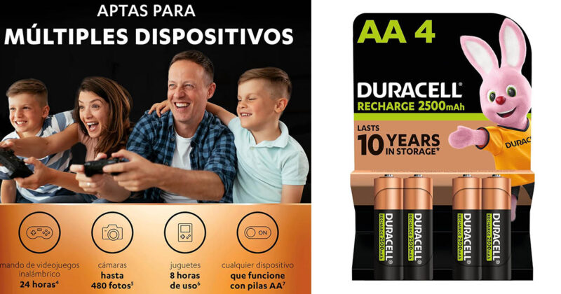 Pack de 4 pilas recargables Duracell Recharge AA con 40% de descuento por solo 11,30€