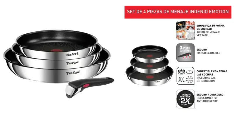 Ahorra y gana espacio con el juego de 3 sartenes Tefal Ingenio Emotion y mango extraíble por 59,99 € con envío gratis