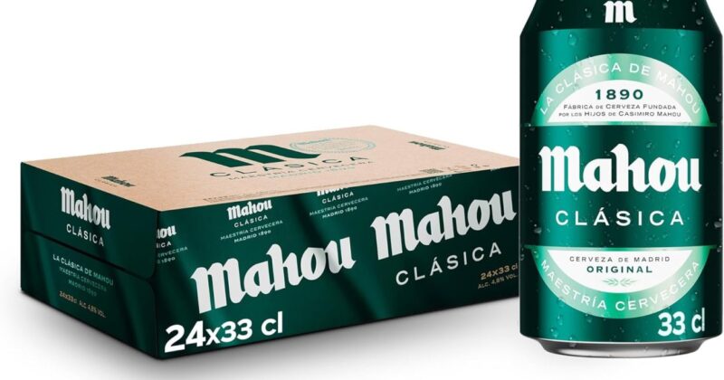 Pack de 24 cervezas Mahou Clásica en lata por solo 11,76€ con un 35% de descuento, ideal para refrescar tus aperitivos
