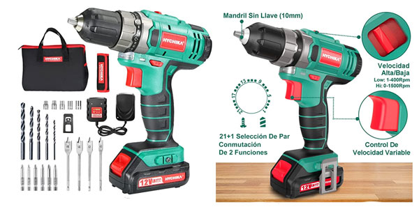 Taladro atornillador inalámbrico Hychika 12V con set completo de accesorios, potencia y batería de larga duración a precio imbatible