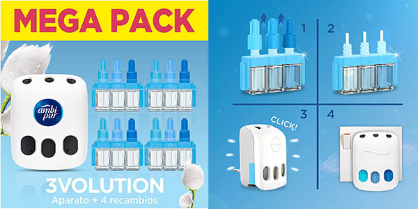 Ambientador Ambipur 3VOLUTION con 4 recambios Nubes de Algodón: aroma fresco y 22% de descuento en Amazon