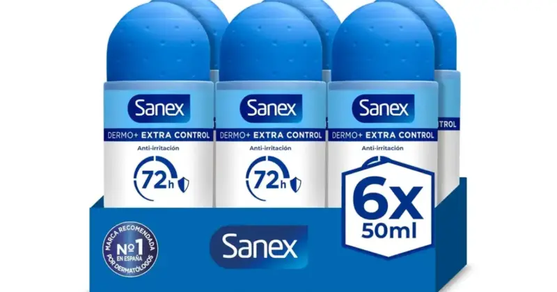 Pack 6x Desodorante Roll-On Sanex Dermo+ Extra Control 72h con 35% de descuento