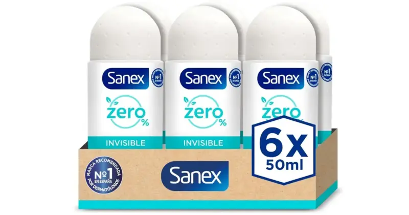 Pack x6 Desodorante Sanex Zero% Invisible Roll-On con protección 48h y sin alcohol por 9,17 €