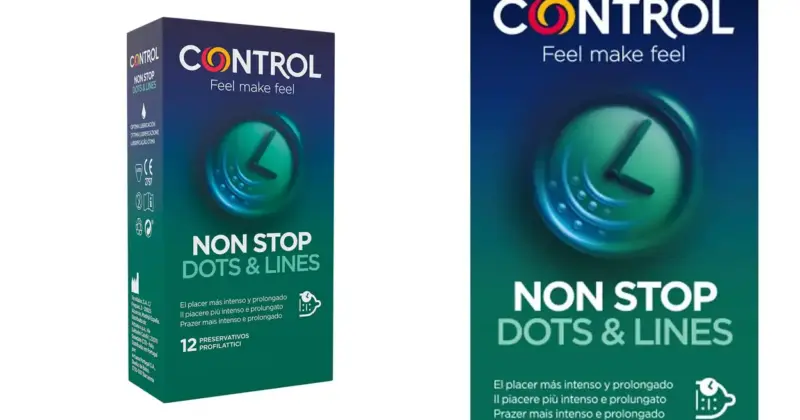 Pack x12 preservativos Control Non Stop Dots & Lines: Textura estimulante y efecto retardante con un 48% de descuento