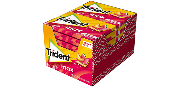 Pack x12 Paquetes de Chicles Trident Max sin Azúcar sabor Melocotón y Sandía con un 20% de descuento