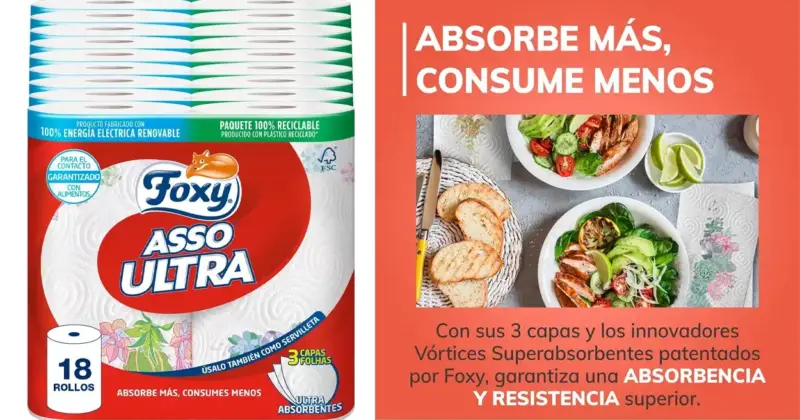 Pack Ahorro de 18 Rollos Papel de Cocina Foxy Asso Ultra de 3 Capas a 23,30 € con 30% de Descuento