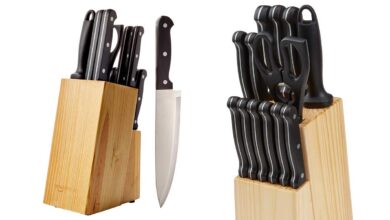Juego completo de 14 cuchillos AmazonBasics con soporte por solo 18,47 € y 20% de descuento