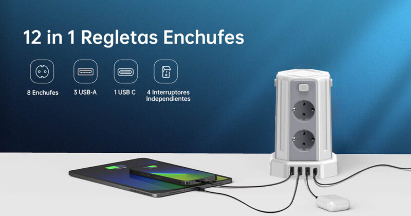 Regleta vertical Sameriver G3011 con 8 enchufes y 4 USB, 37% de descuento en Amazon