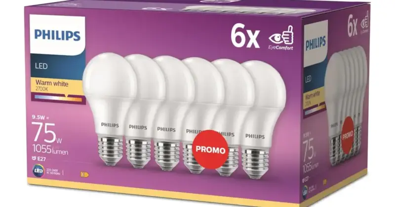 Pack de 6 bombillas LED Philips E27 de 9,5W con un 31% de descuento – Iluminación eficiente y económica