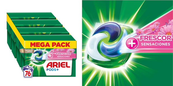 Pack Ariel Pods Sensaciones con 76 cápsulas: limpieza eficaz y fresco duradero al 33% de descuento
