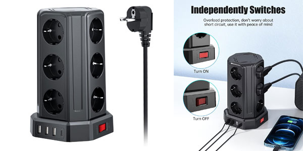 Regleta vertical Sameriver con 12 enchufes y 4 USB, diseño compacto y 41% de descuento
