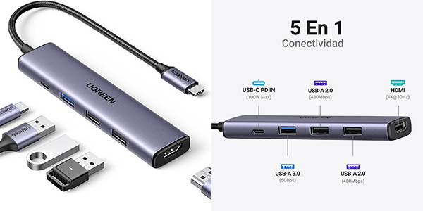 HUB USB-C UGREEN Revodok 5 en 1 con HDMI 4K y carga rápida 100W a solo 13,52€ con envío gratis