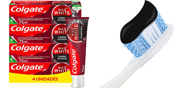 Pack de 4 Colgate Max White Carbón Activado 75 ml con un 38% de Descuento – Blanquea y Refuerza tu Sonrisa